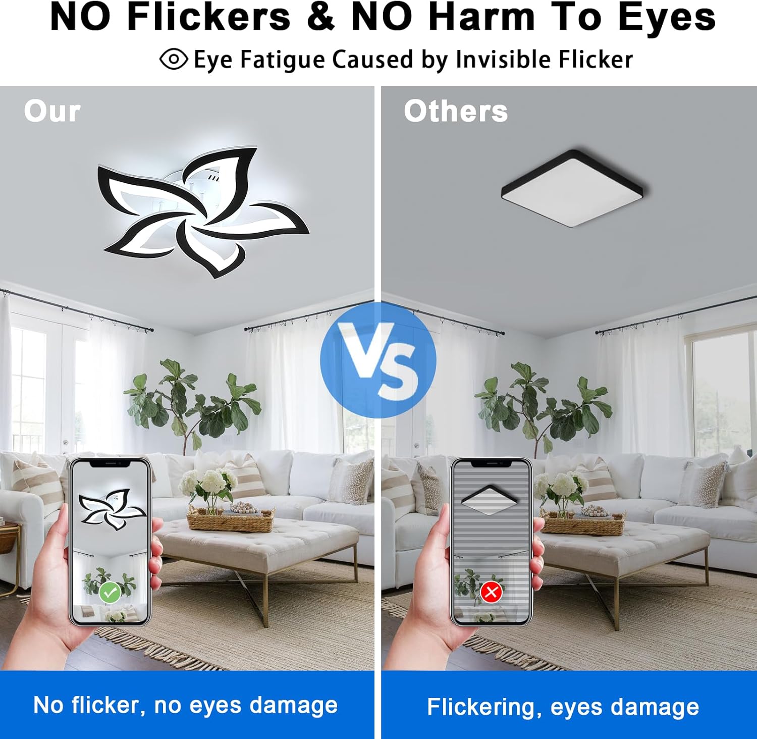 Comparison of a ceiling light fixture labeled 'Our' with another labeled 'Others' in a living room setting.