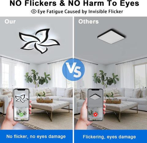 Comparison of a ceiling light fixture labeled 'Our' with another labeled 'Others' in a living room setting.