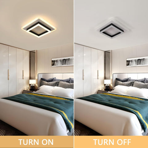 Comparison of a ceiling light fixture on and off in a bedroom setting.