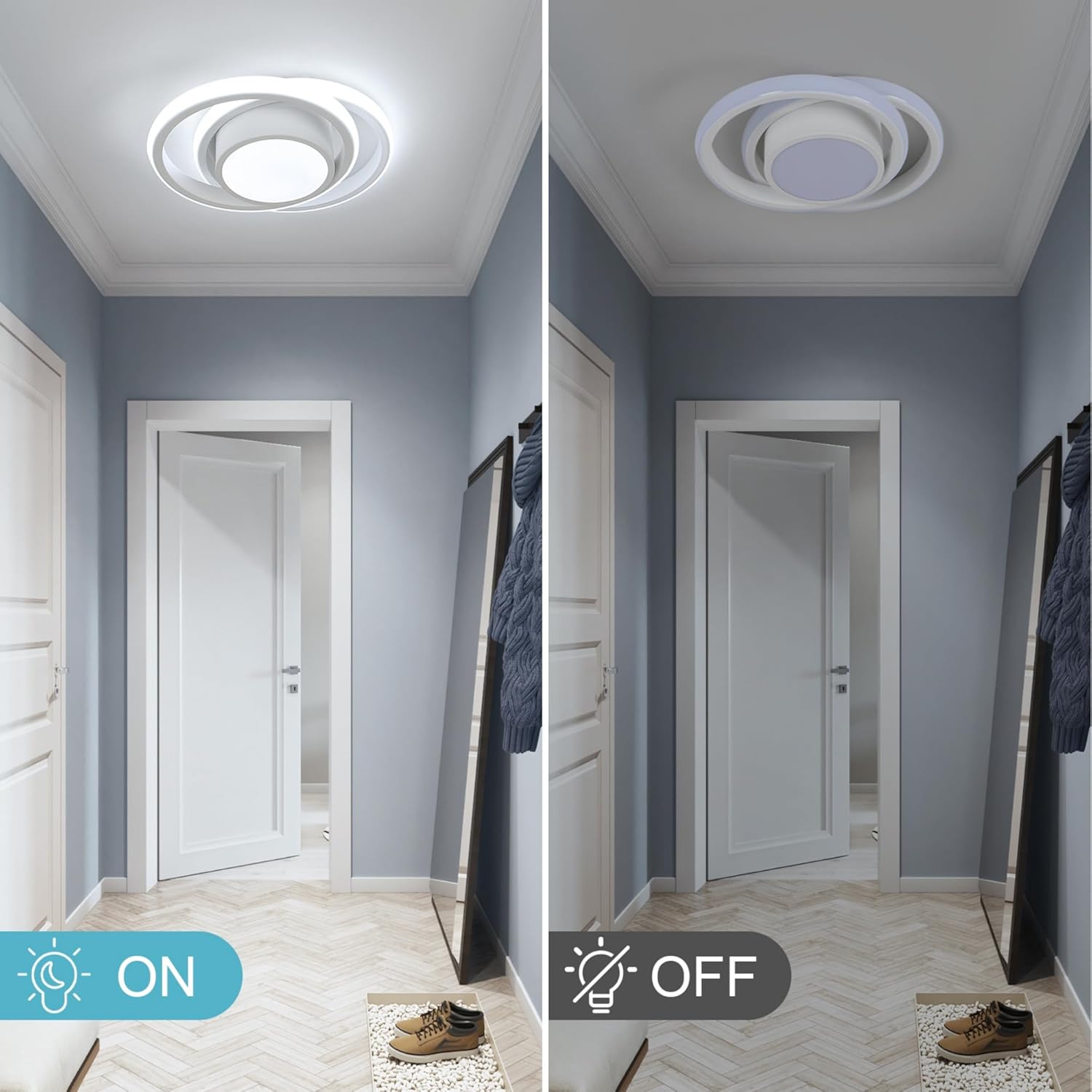 Comparison of a ceiling light fixture on and off in a hallway.
