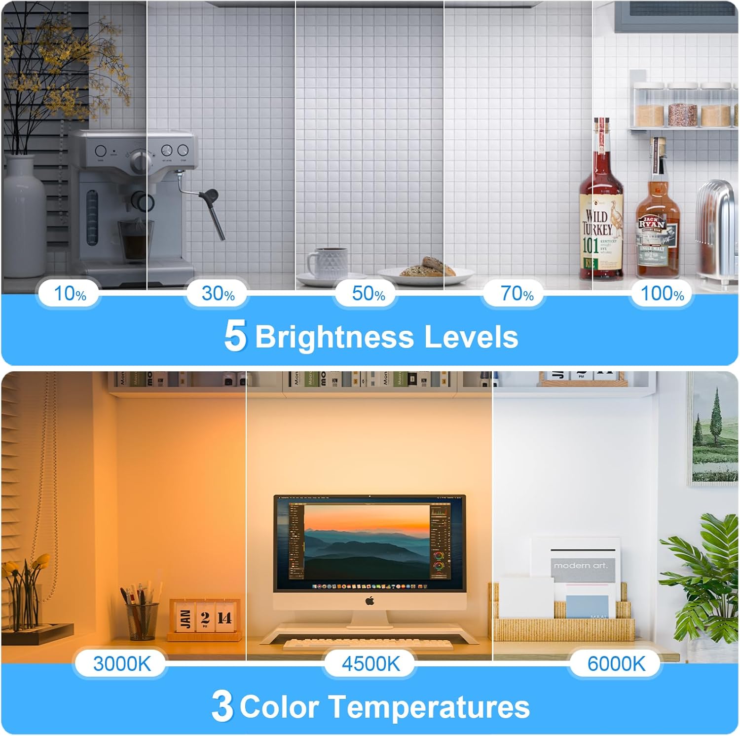 Comparison of a kitchen, living room, and office with different brightness levels and color temperatures.