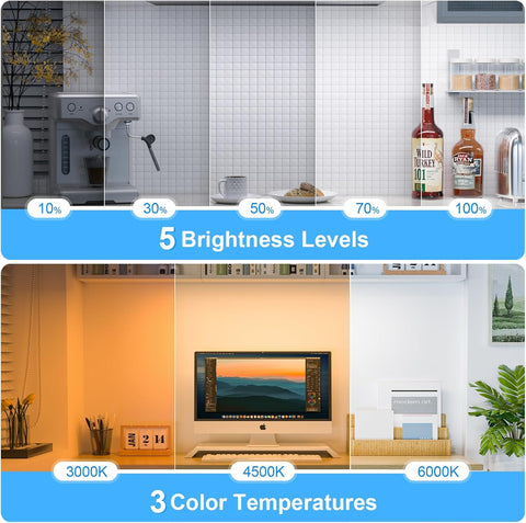 Comparison of a kitchen, living room, and office with different brightness levels and color temperatures.