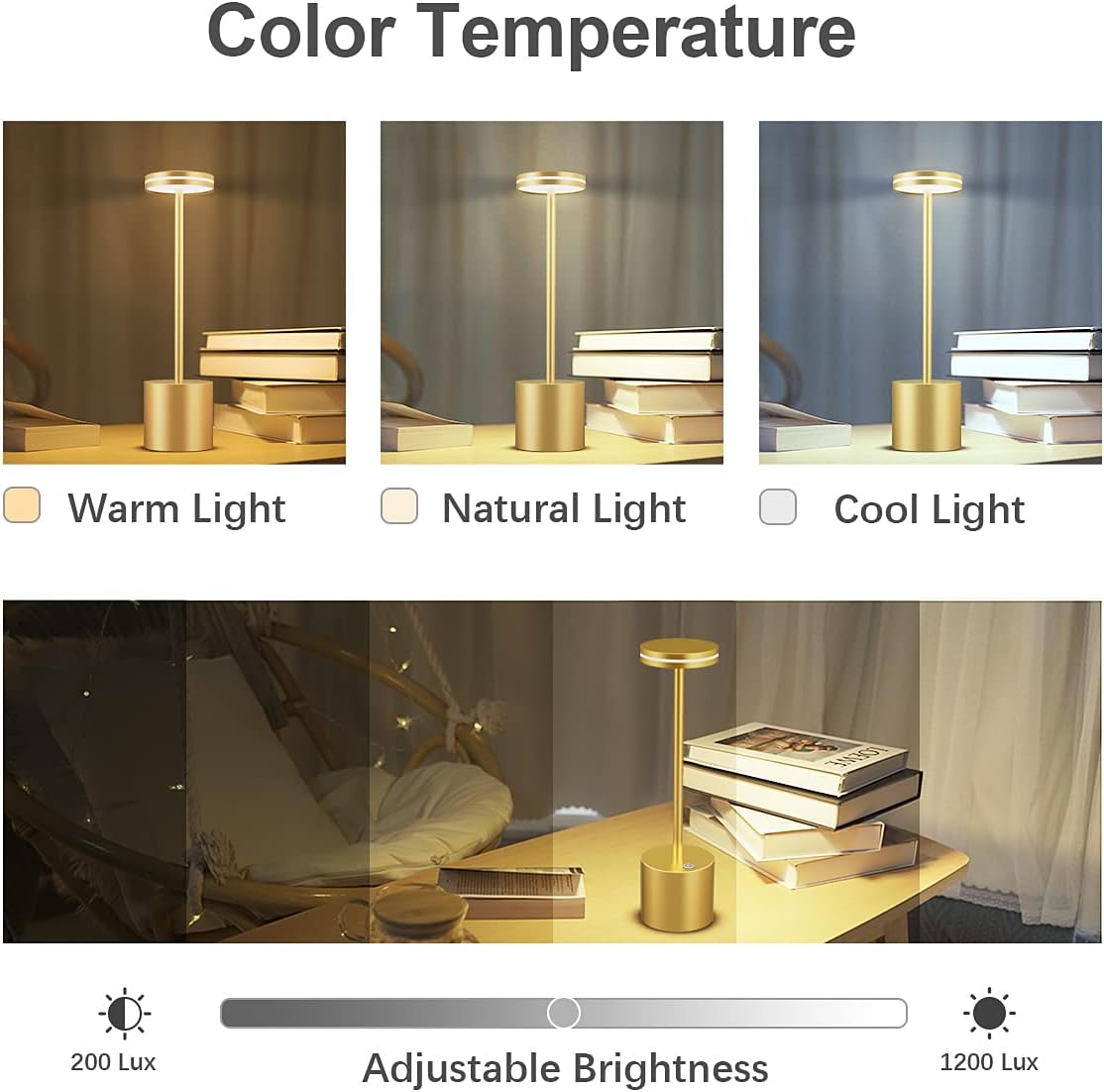 Comparison of a lamp's color temperature effects on a bookshelf with warm, natural, and cool light options.