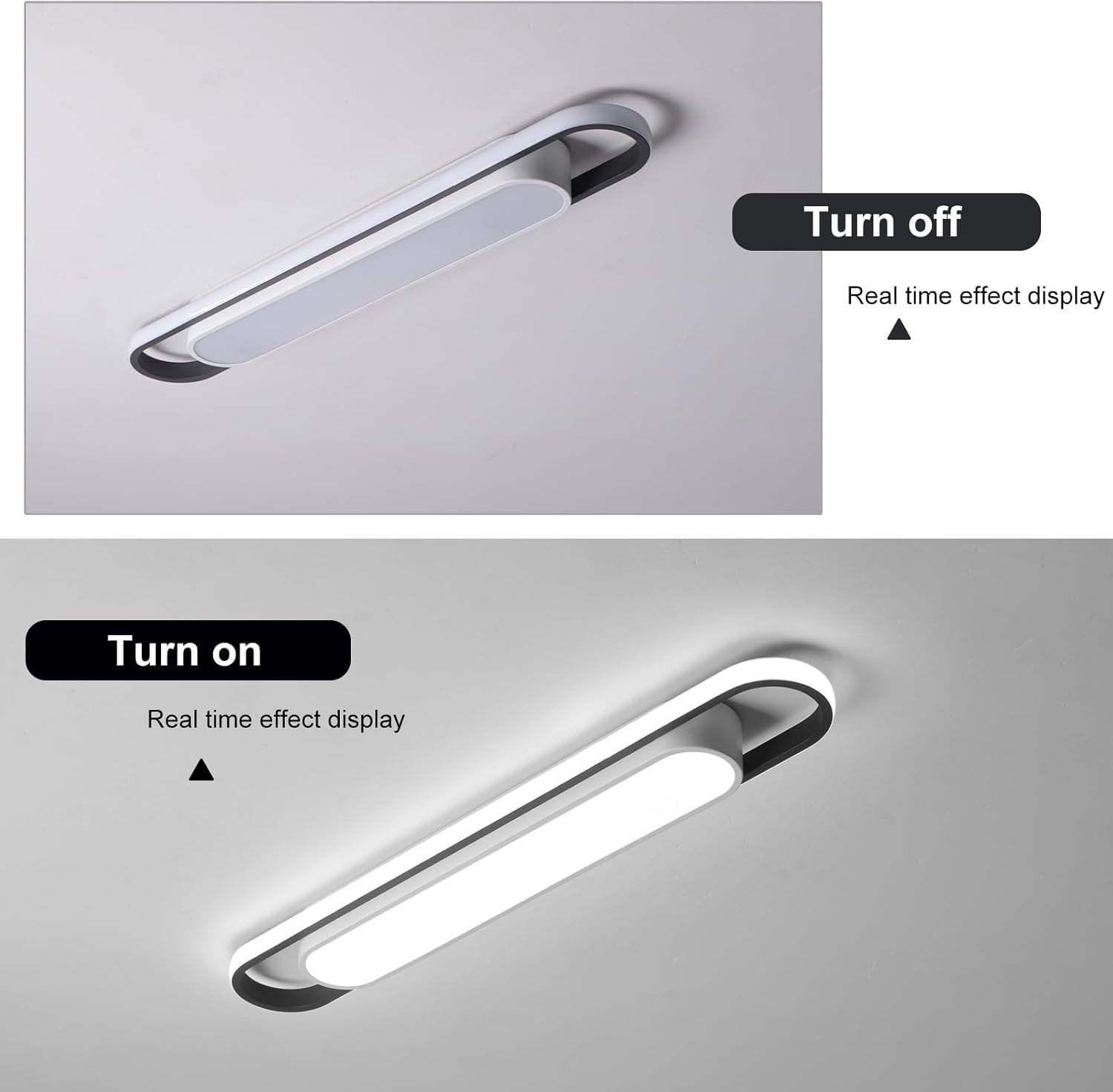 Comparison of a light fixture turned on and off on a gray background