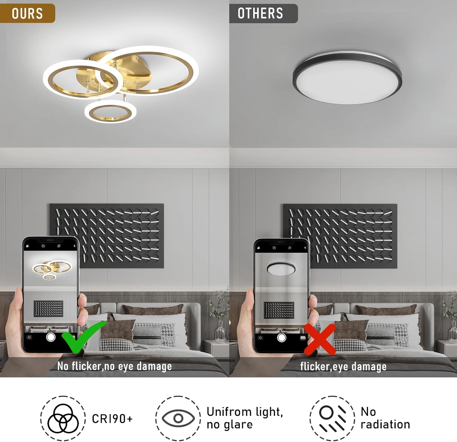 Comparison of a modern ceiling light fixture with smartphone screens showing before and after effects.