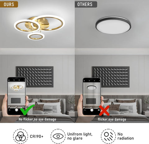Comparison of a modern ceiling light fixture with smartphone screens showing before and after effects.