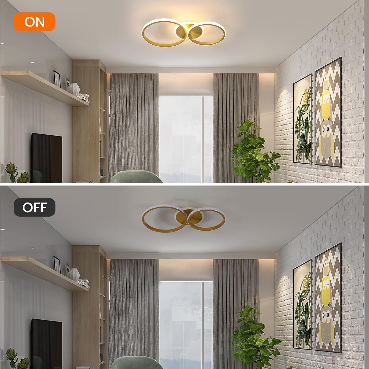 Comparison of a modern living room with ceiling lights on and off.
