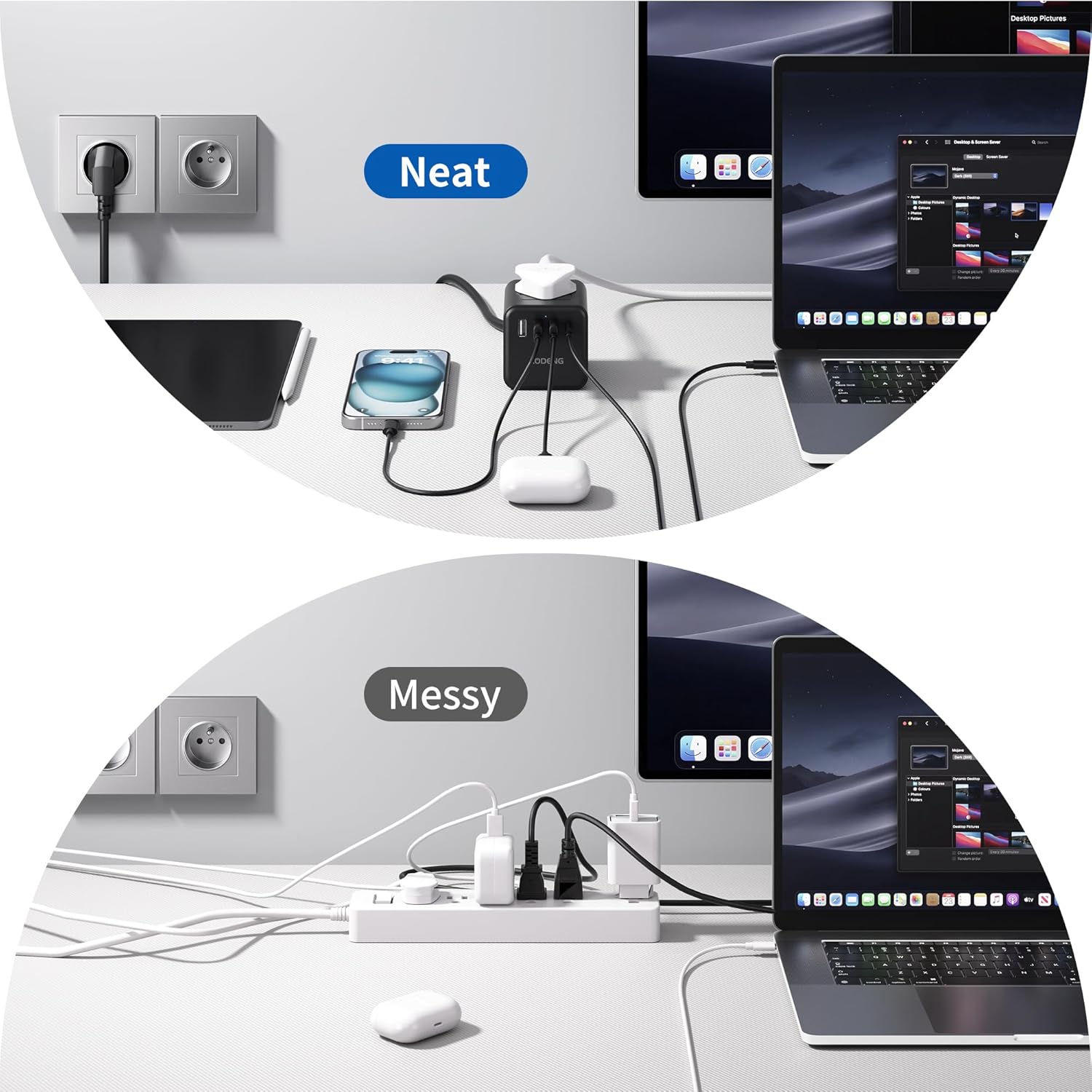 Comparison of a neat and messy desk setup with electronic devices.