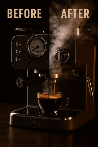 Comparison of an espresso machine before and after making a cup of coffee.