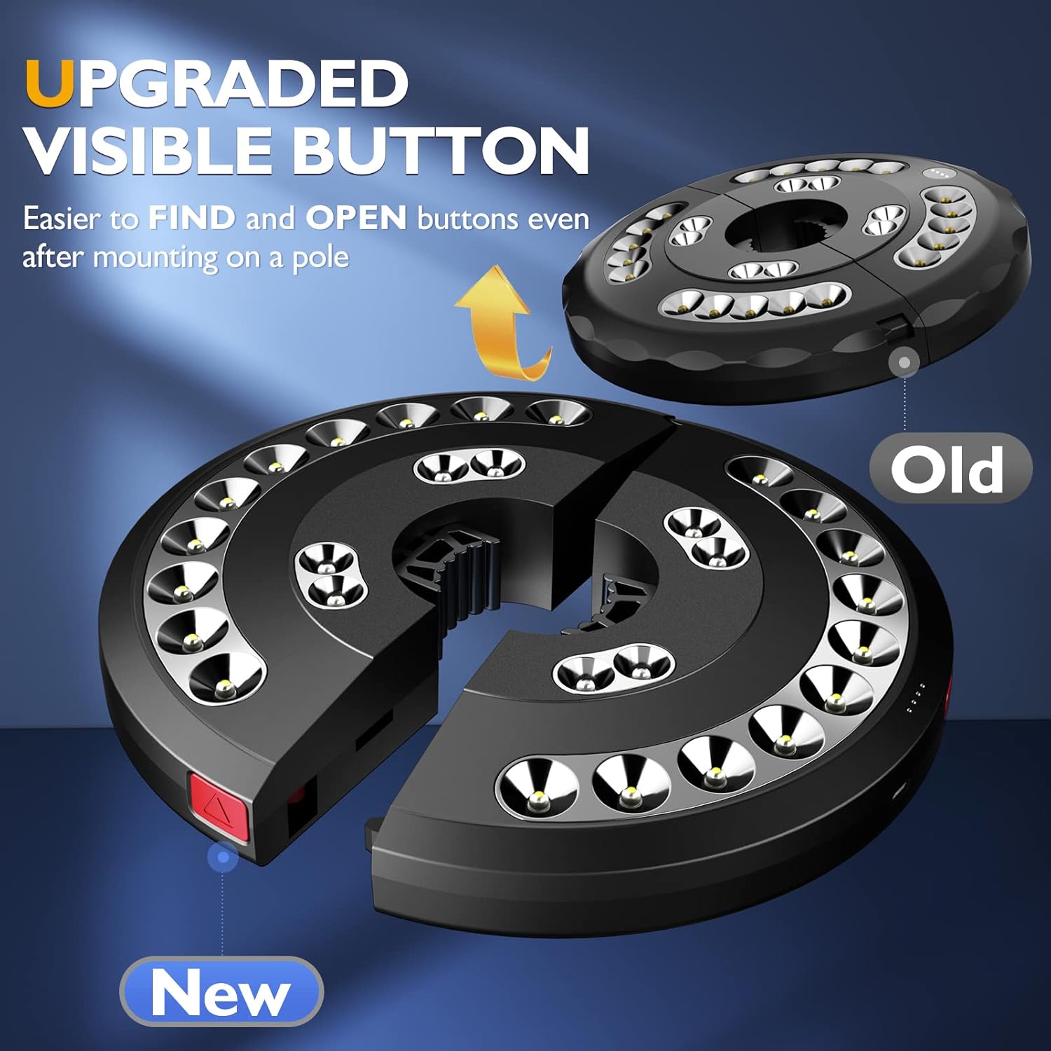 Comparison of an upgraded and old button mechanism on a blue background.