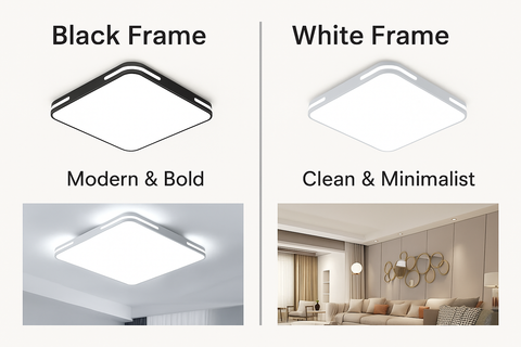 Comparison of black and white frame ceiling lights with lifestyle images.