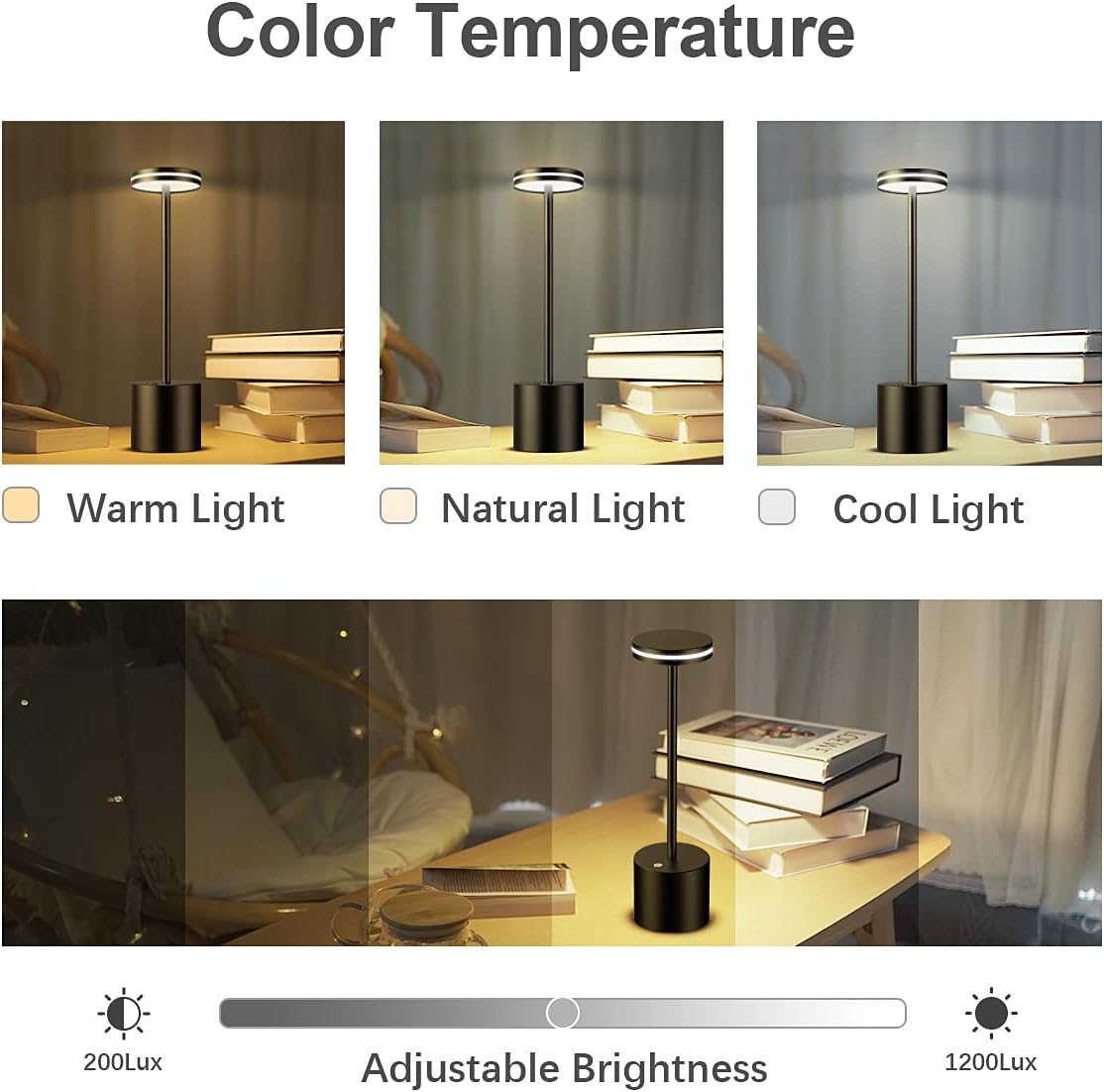 Comparison of color temperature effects on a lamp with warm, natural, and cool light options.