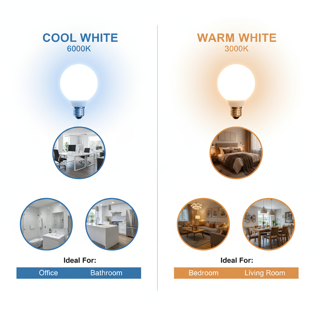 Comparison of cool white and warm white light bulbs with their ideal room settings.