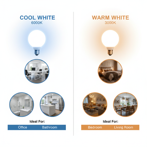 Comparison of cool white and warm white light bulbs with their ideal room settings.