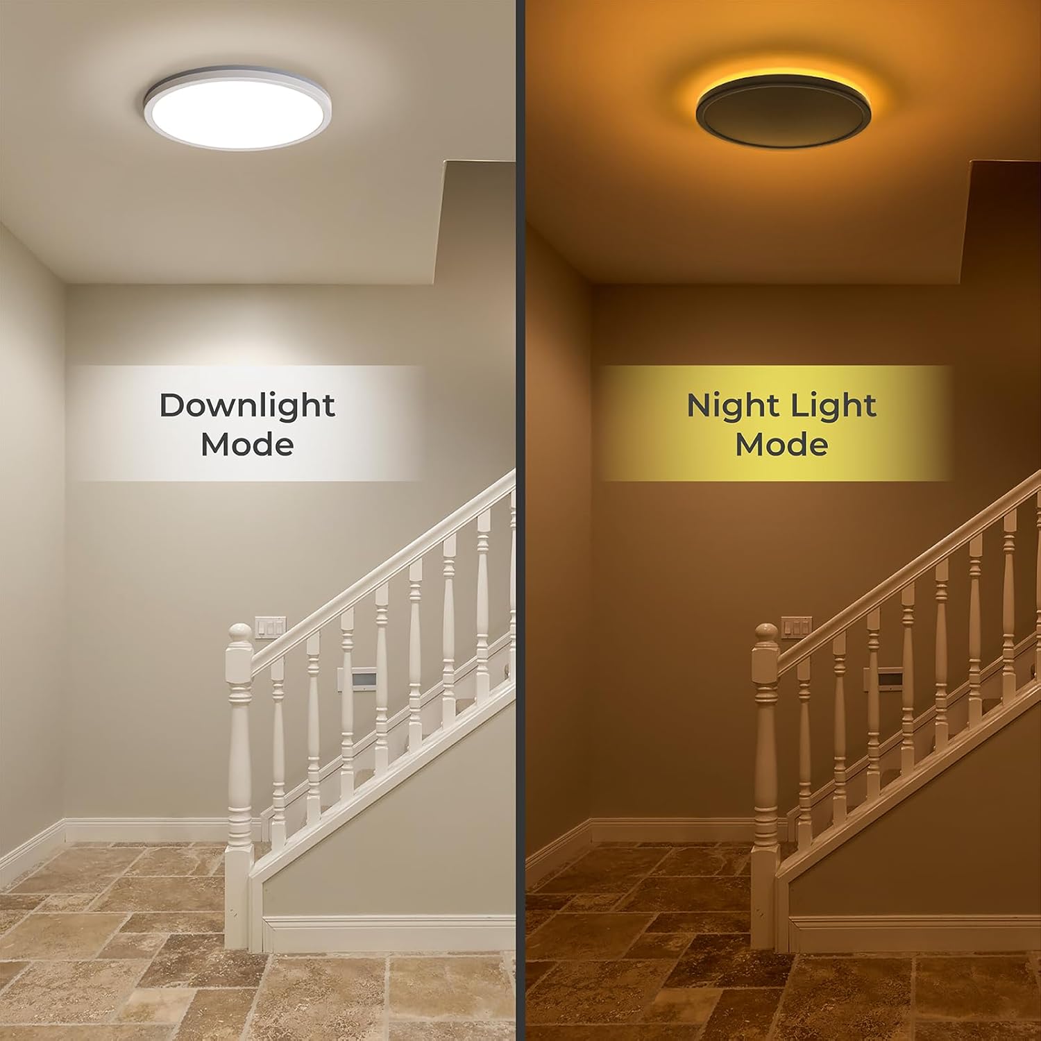 Comparison of downlight mode and night light mode in a hallway with a staircase.