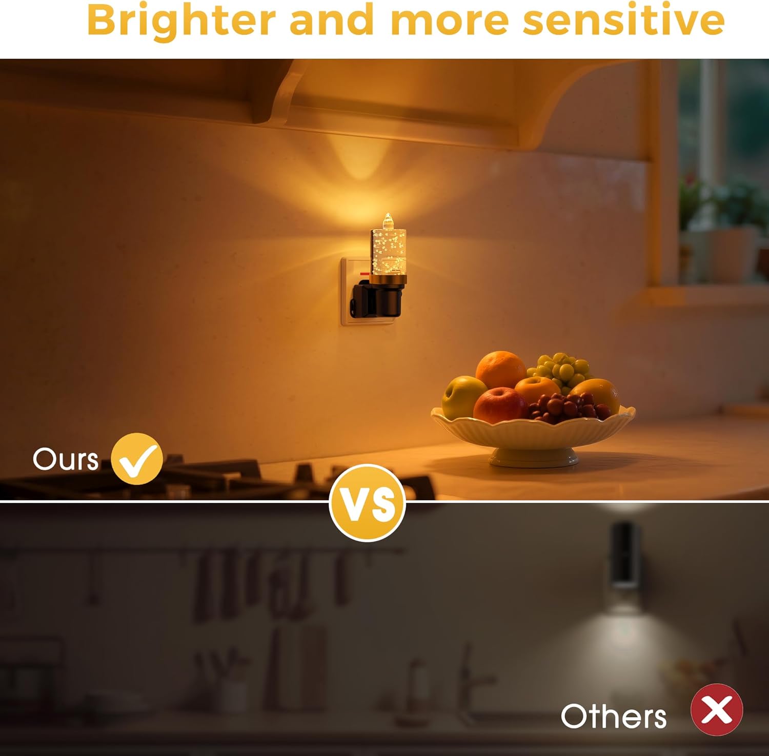 Comparison of light brightness with a night light on a kitchen counter.