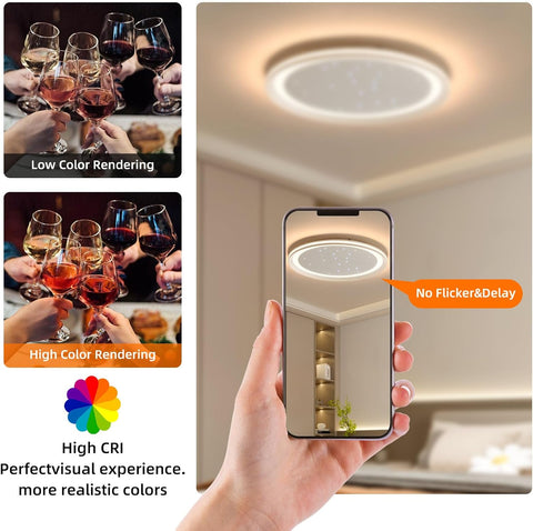 Comparison of low and high color rendering with a smartphone displaying a ceiling light fixture.