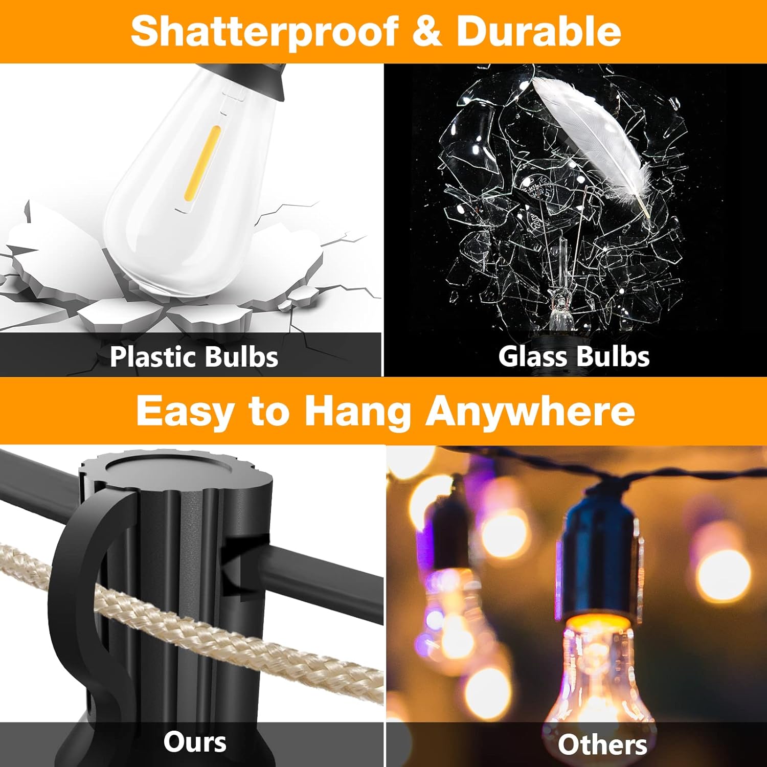 Comparison of shatterproof plastic bulbs vs glass bulbs with text 'Shatterproof & Durable' and 'Easy to Hang Anywhere'.