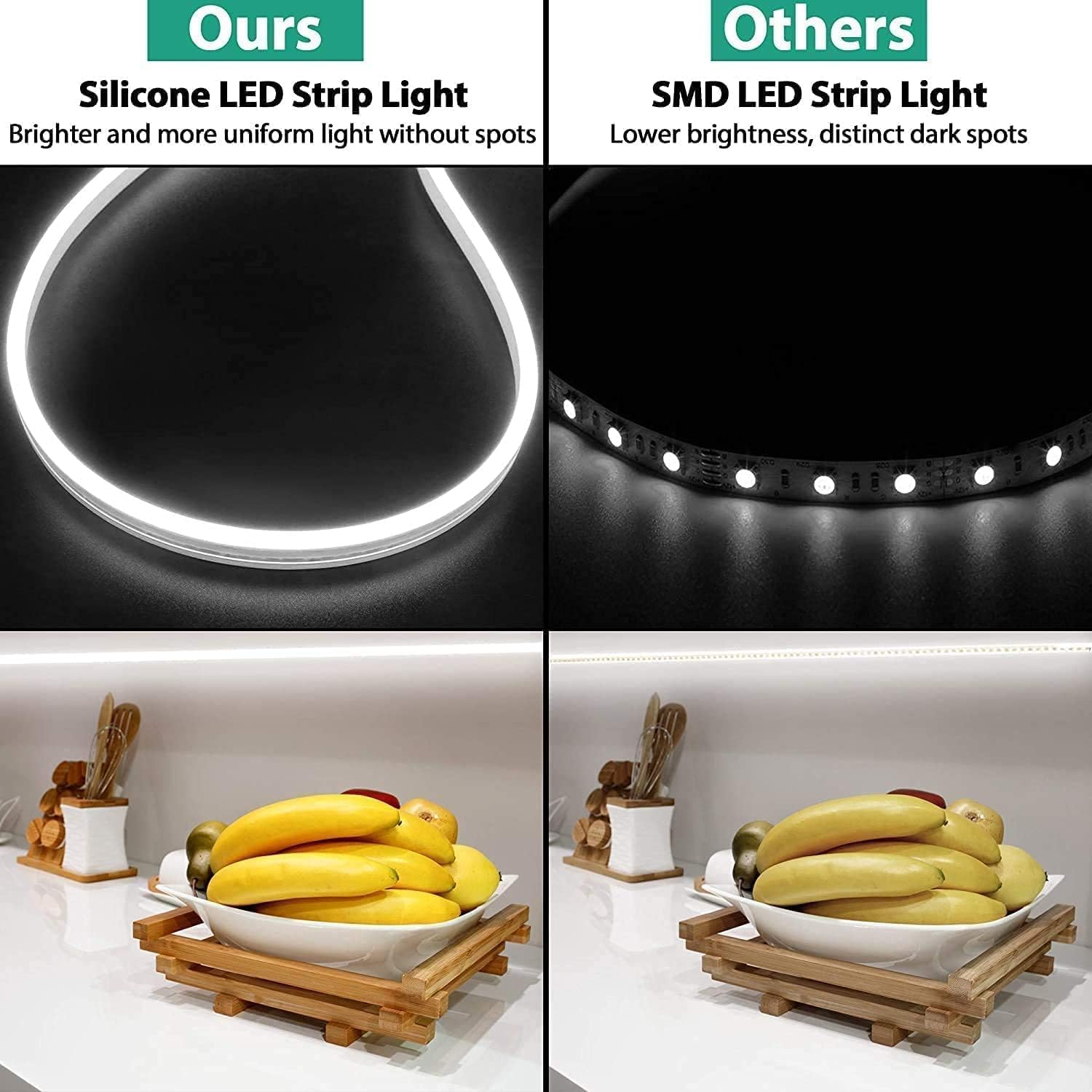 Comparison of silicone LED strip light vs. SMD LED strip light with a bowl of bananas on a white surface.