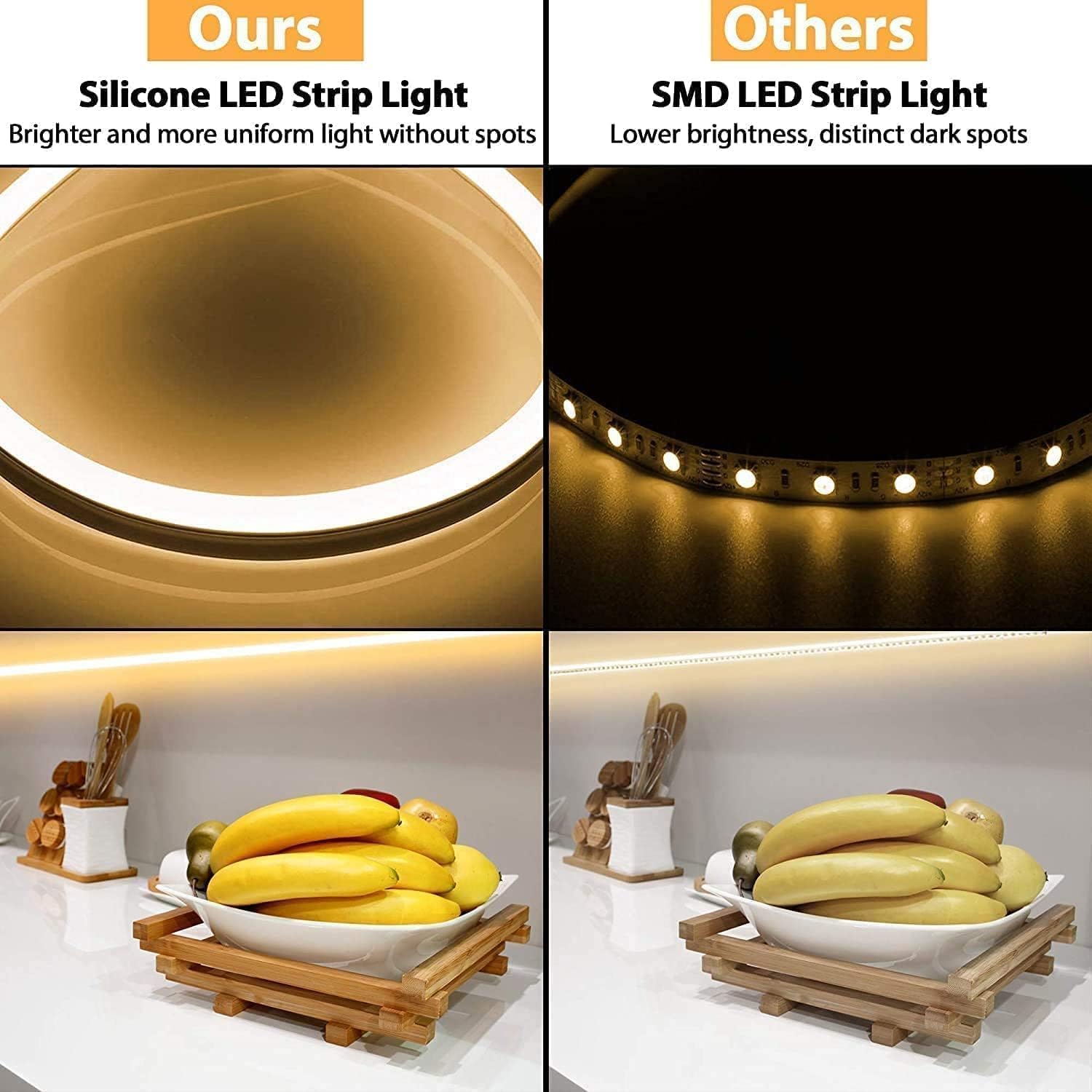 Comparison of silicone LED strip light vs. SMD LED strip light with visual examples.