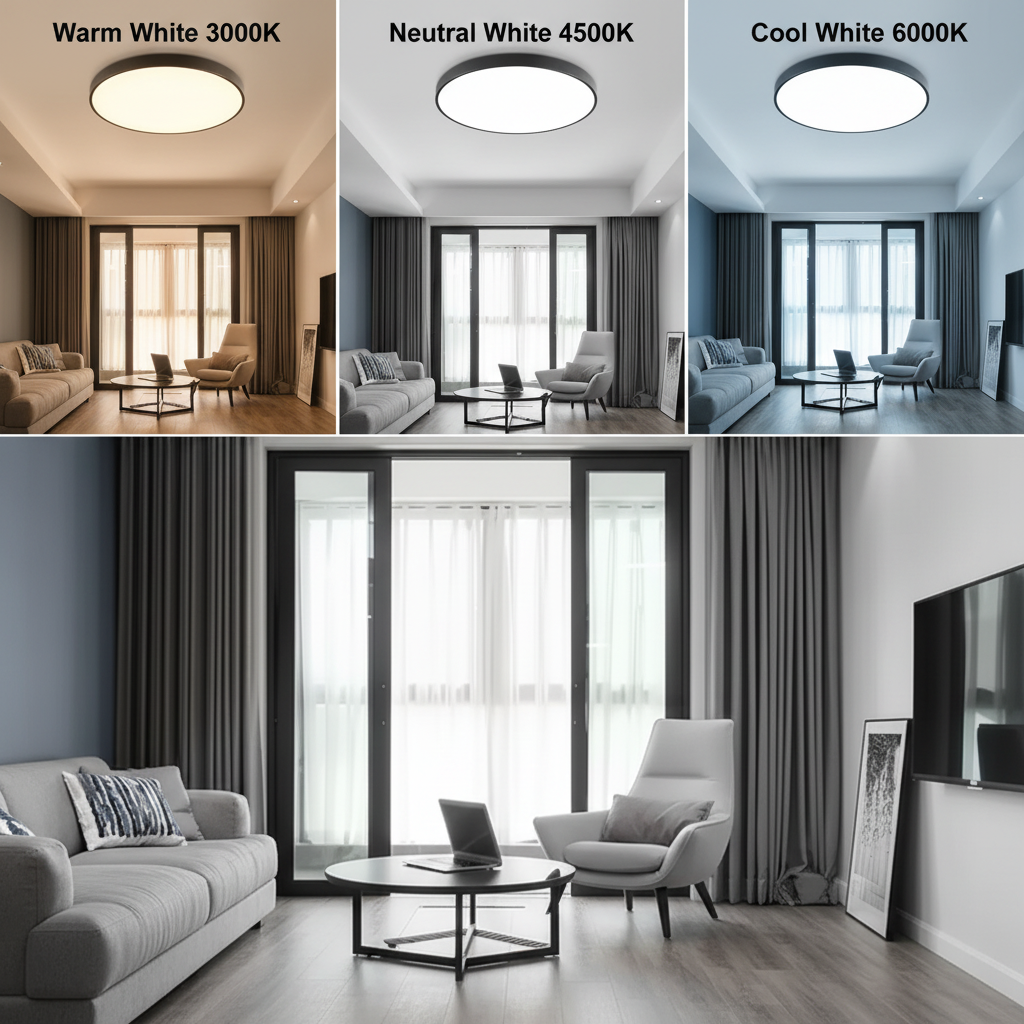 Comparison of three light color temperatures in a living room setting.