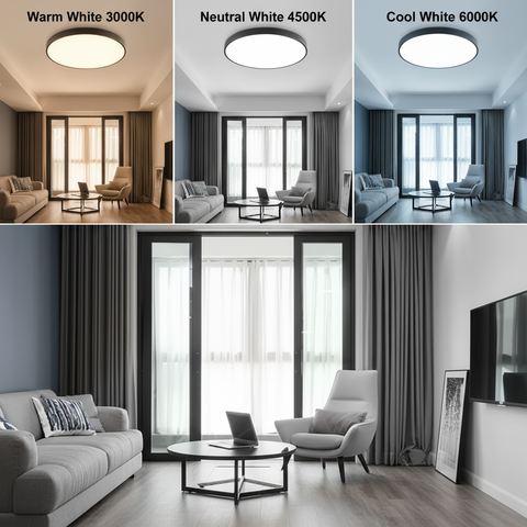 Comparison of three light color temperatures in a living room setting.