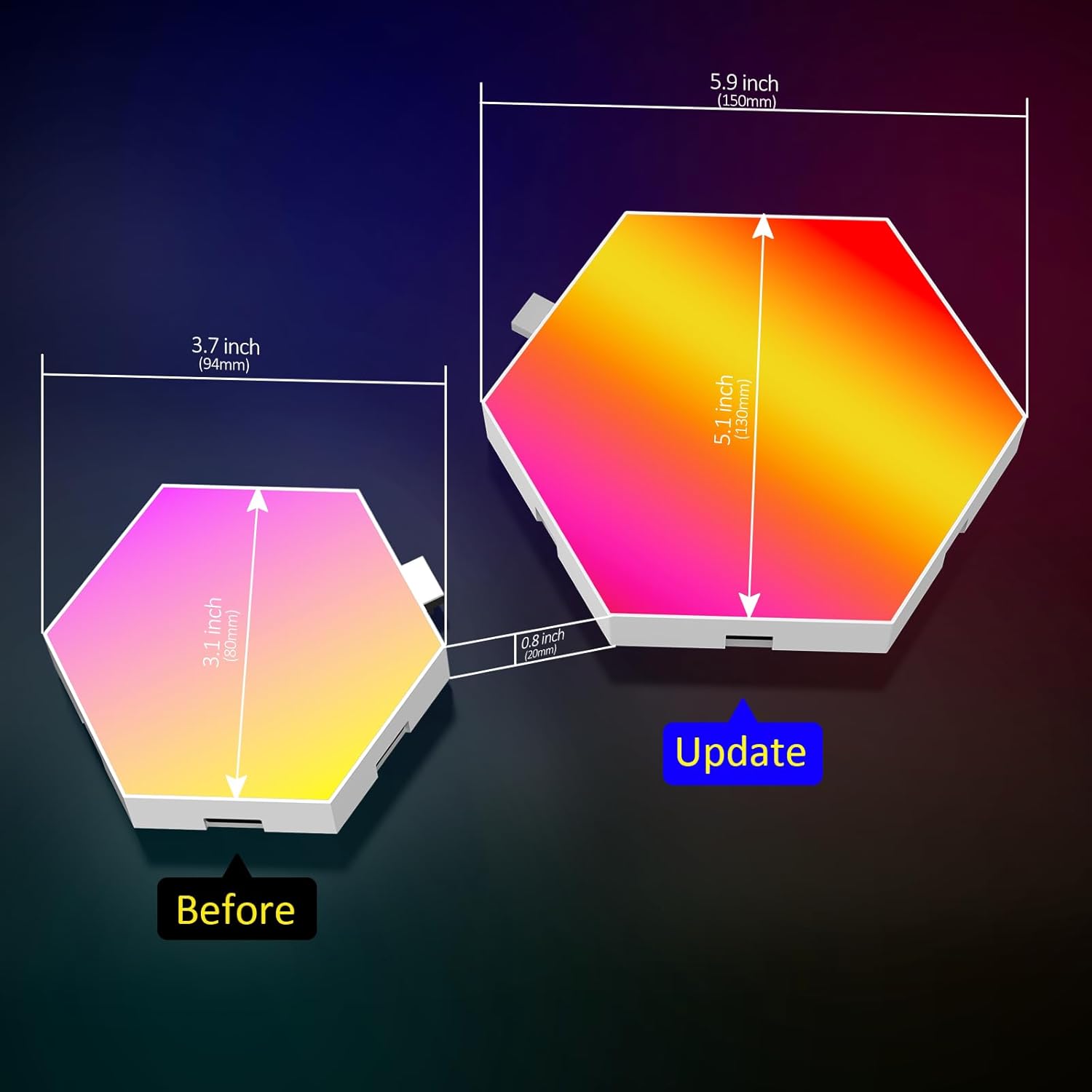Comparison of two hexagonal light panels with measurements and color gradient on a dark background.