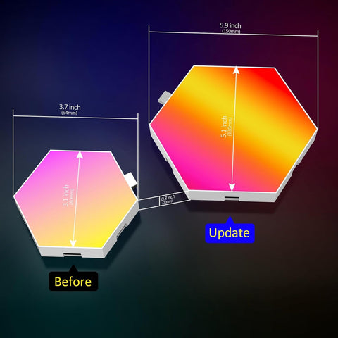 Comparison of two hexagonal light panels with measurements and color gradient on a dark background.