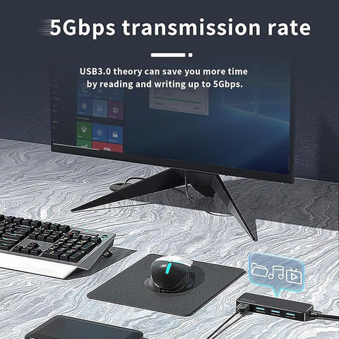 Computer setup with monitor, keyboard, mouse, and USB hub on a desk.
