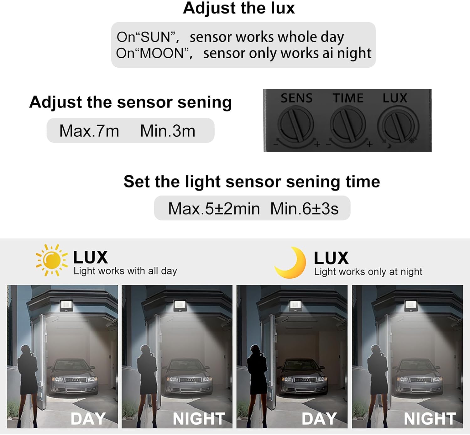 Control panel for adjusting light sensor settings with visual examples of day and night operation.