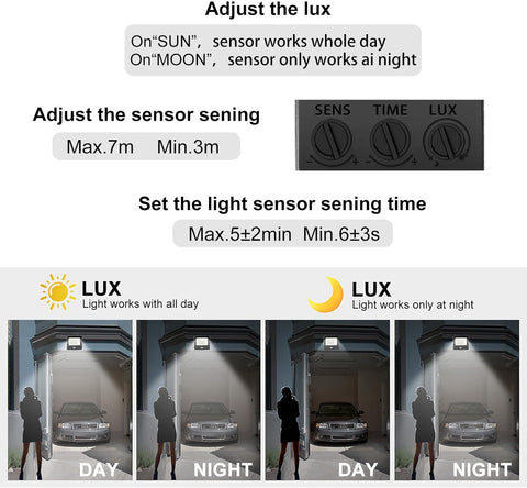 Control panel for adjusting light sensor settings with visual examples of day and night operation.