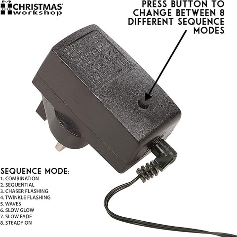 Control unit for Christmas lights with button to change sequence modes, branded 'The Christmas Workshop'.