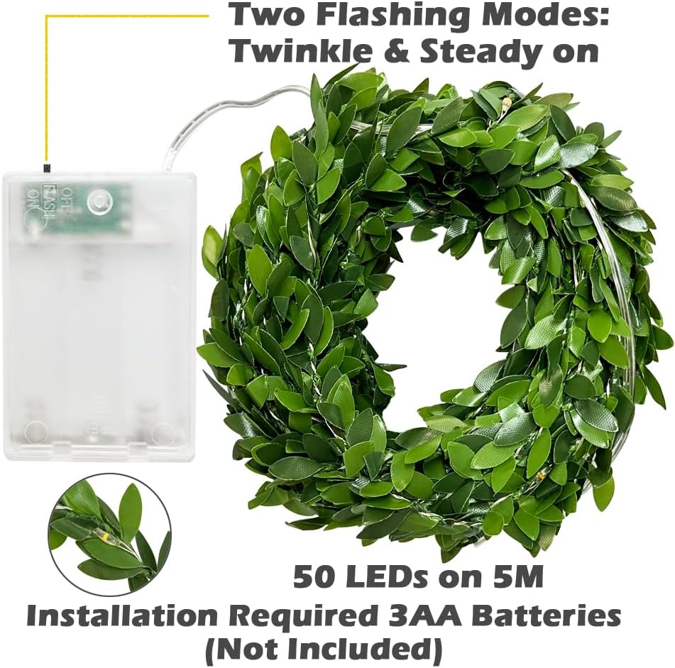 Green leafy wreath with LED lights and battery pack, featuring two flashing modes and installation details.