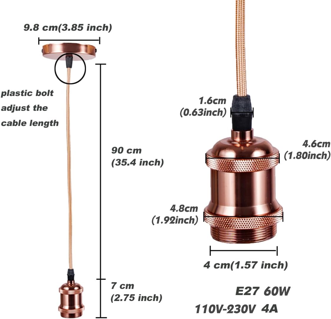 Copper pendant light bulb holder with measurements on a white background