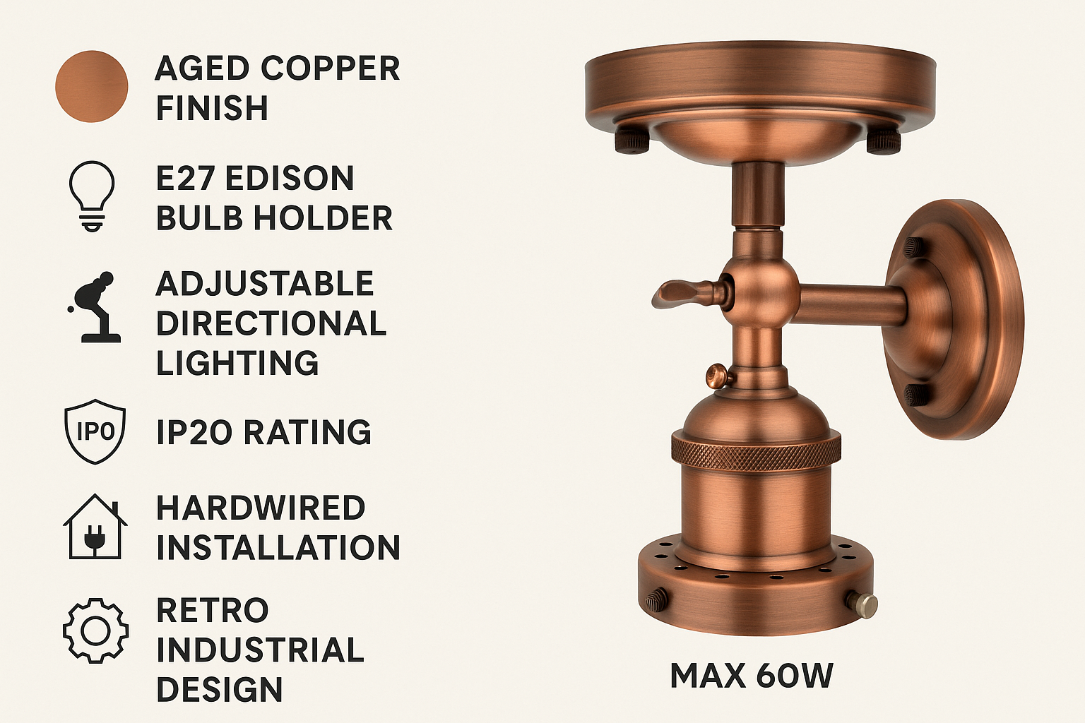 Copper wall light fixture with features listed on a white background