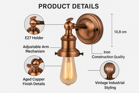 Copper wall light fixture with product details on a white background