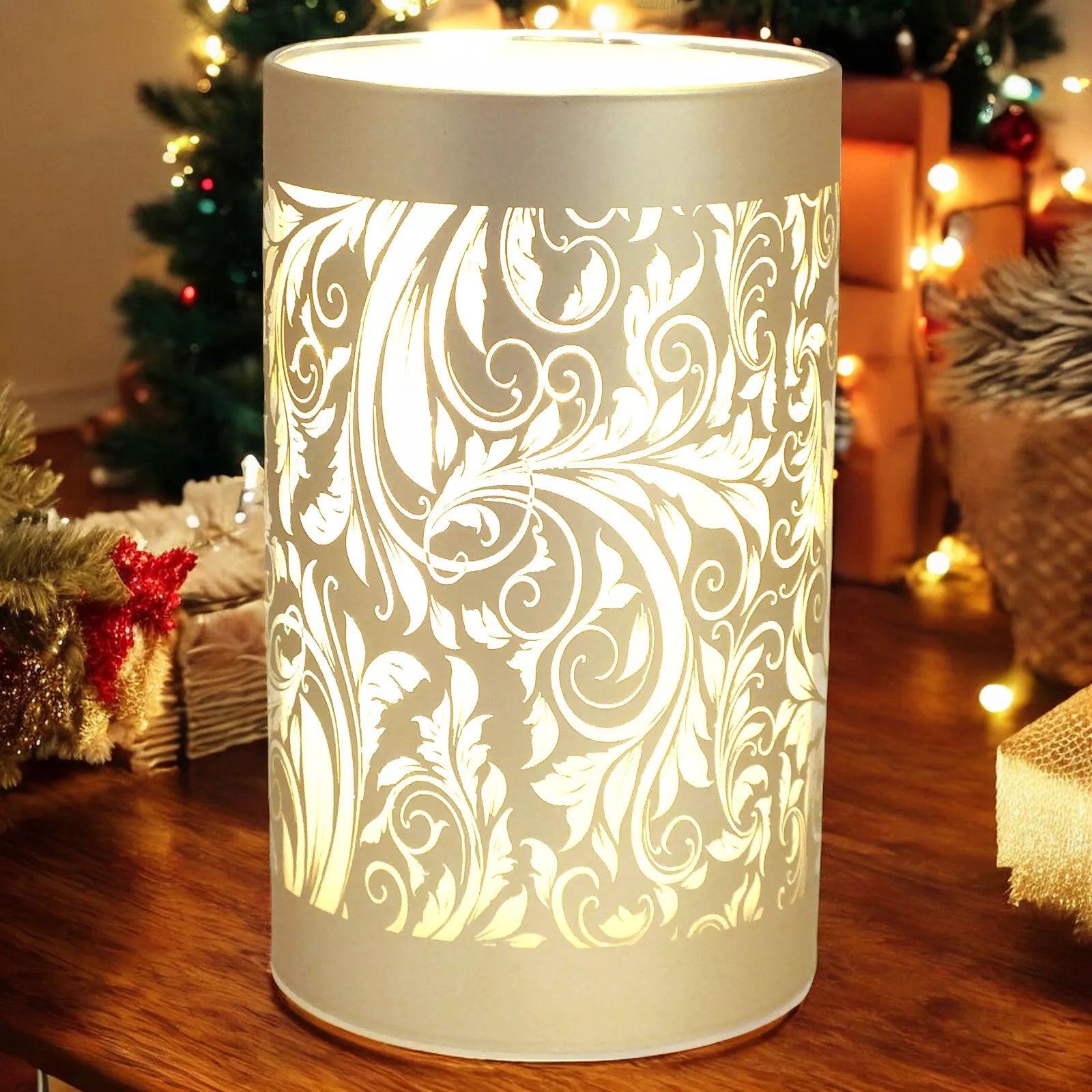 Cordless LED Table Lamp | Battery-Operated Glass Light with Sparkling Leaf Design | Modern Decorative Accent Lighting