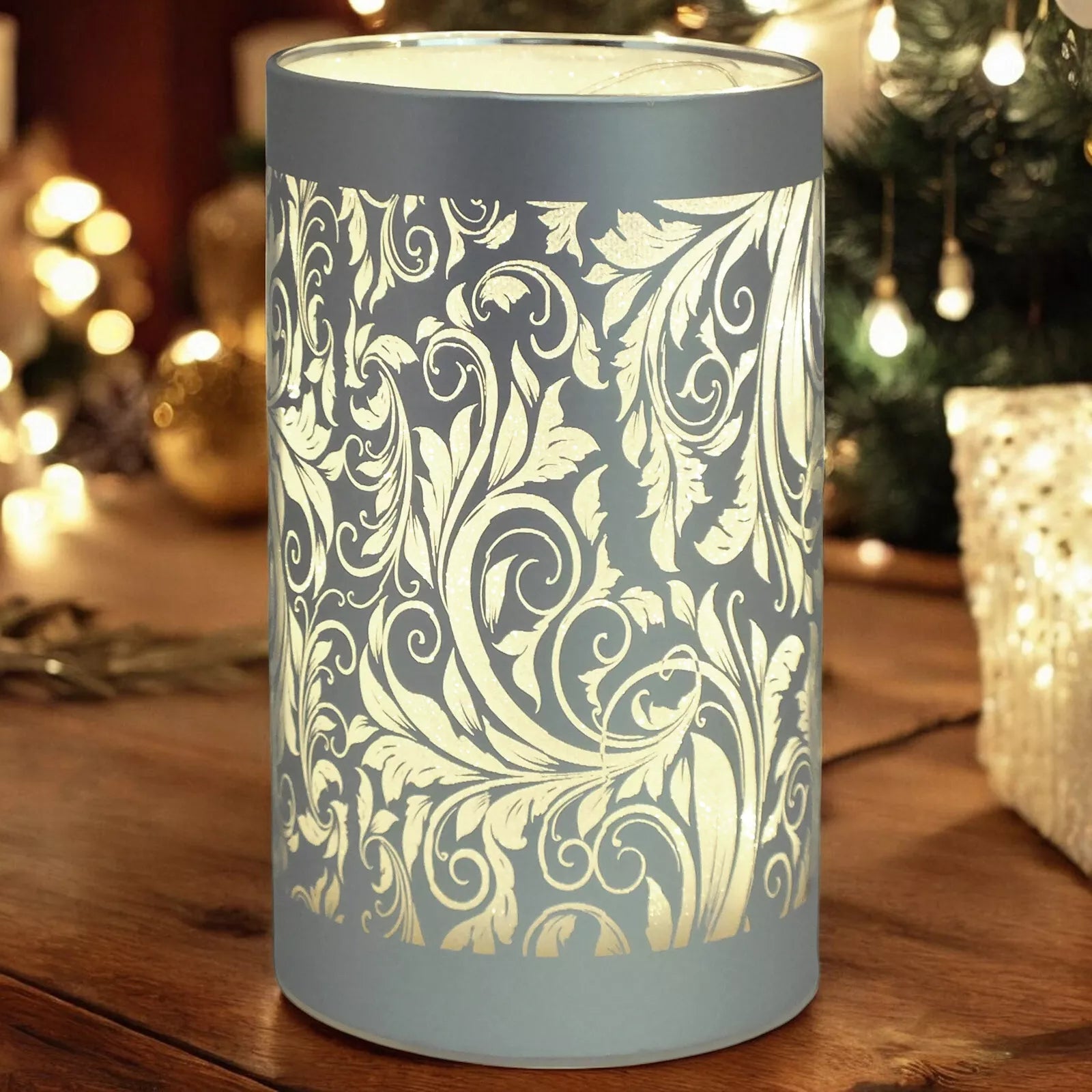 Cordless LED Table Lamp | Battery-Operated Glass Light with Sparkling Leaf Design | Modern Decorative Accent Lighting