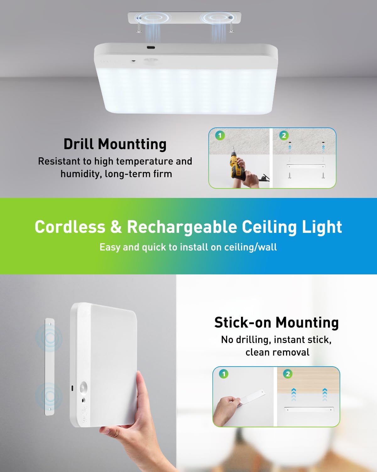 Cordless and rechargeable ceiling light with mounting options on a gray background