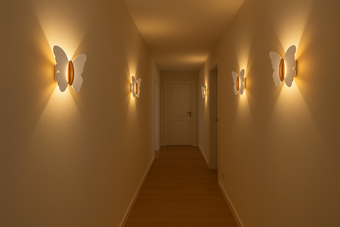 Corridor with butterfly-shaped wall lights casting a warm glow.