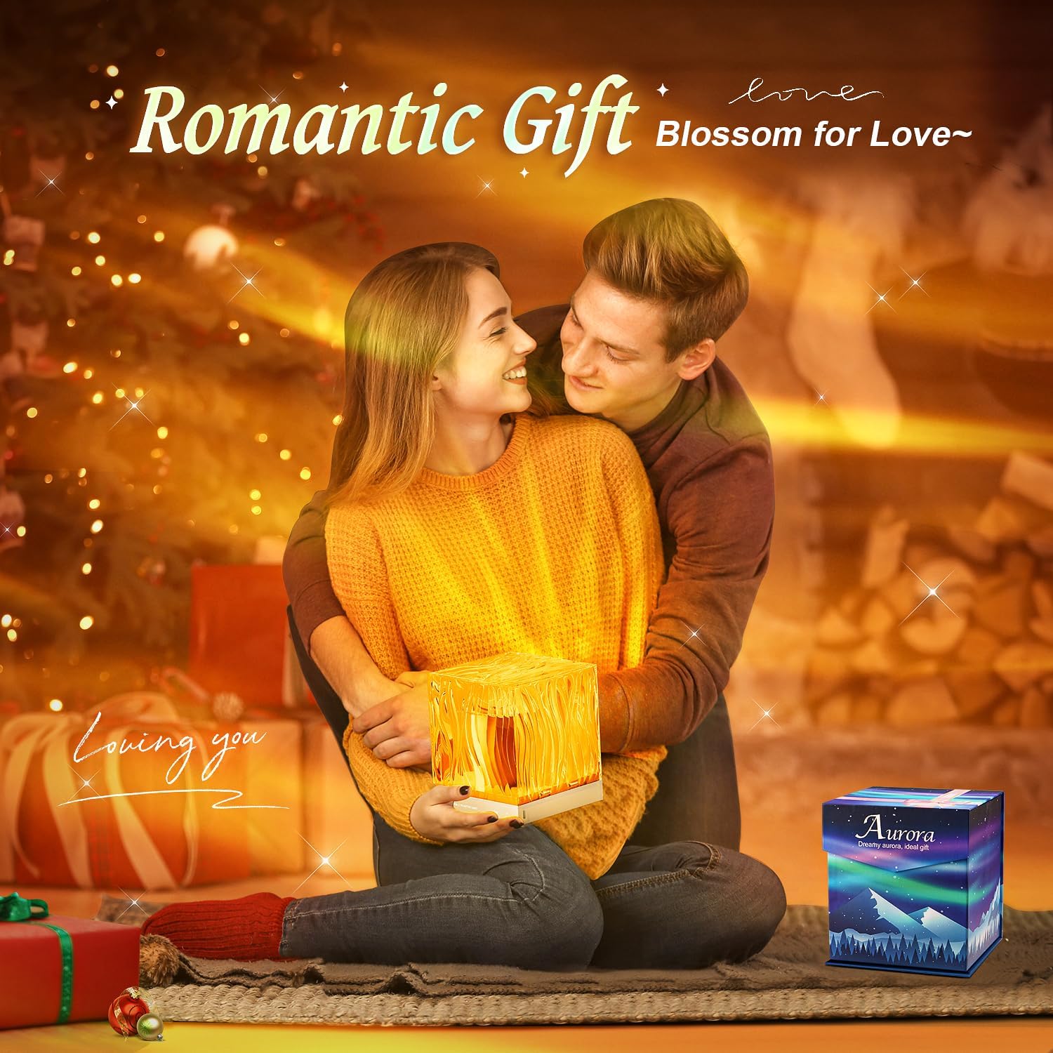 Couple holding a glowing gift box with 'Romantic Gift' text and Aurora brand packaging.