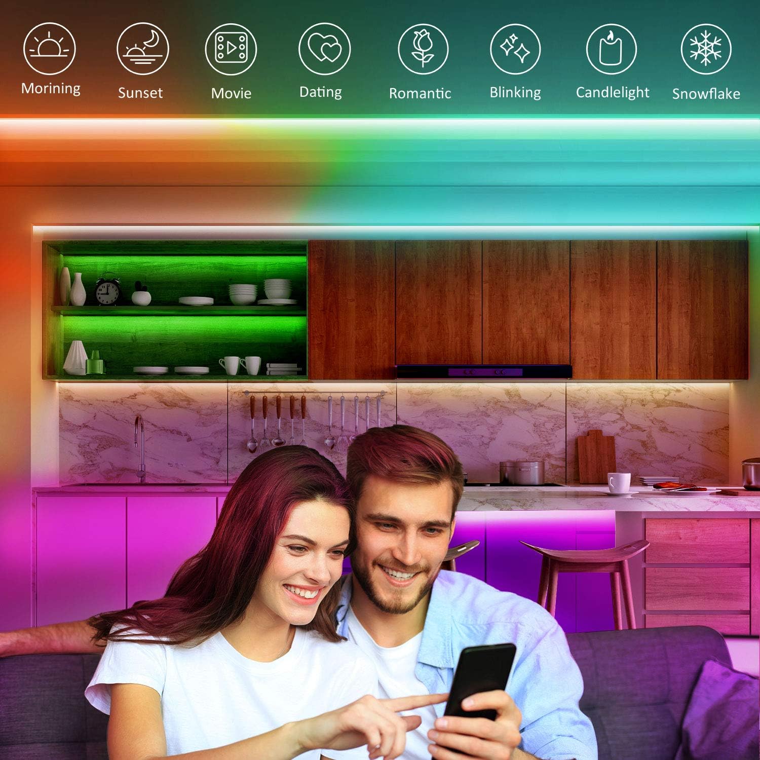 Couple in a kitchen with colorful LED strip lights and interface options above.
