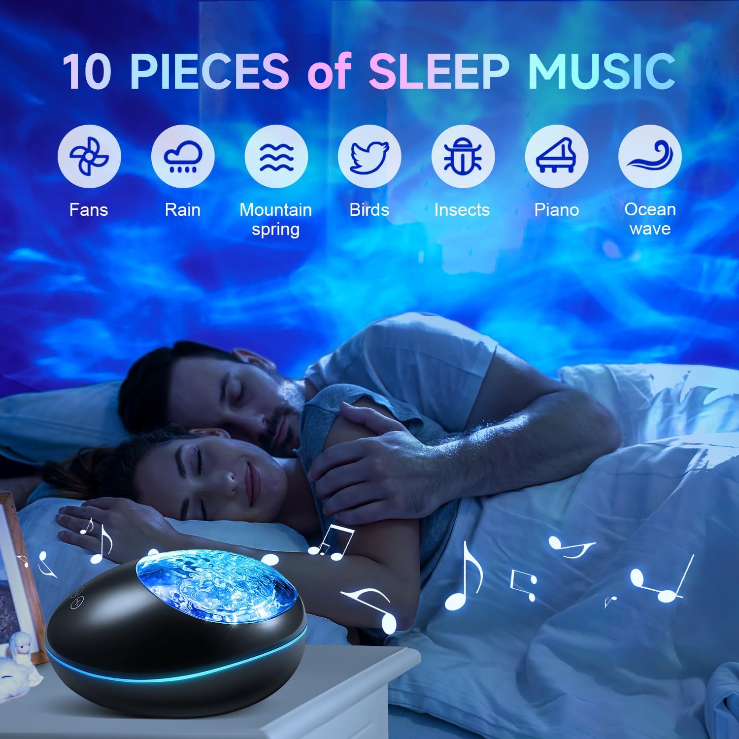 Couple in bed with sleep aid device and '10 Pieces of Sleep Music' text on a blue gradient background.