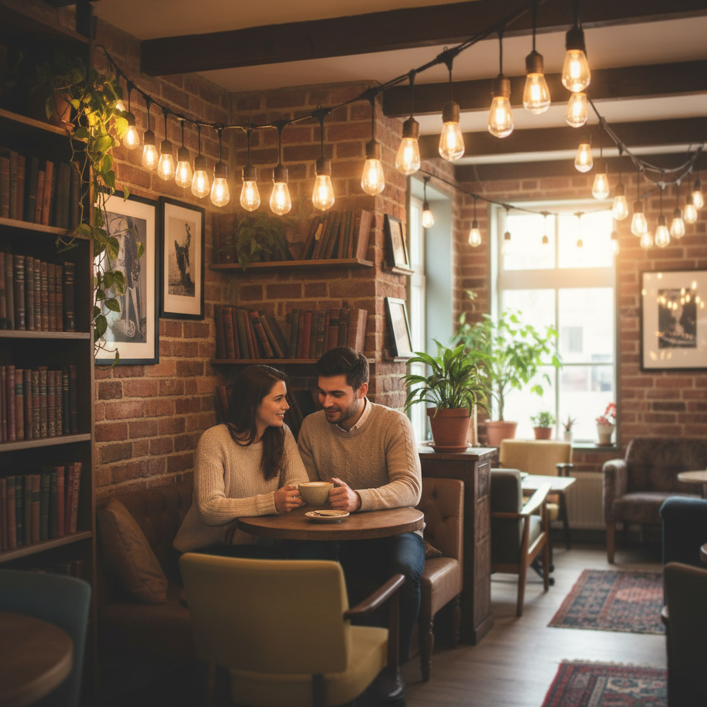 Couple sitting at a table in a cozy cafe with string lights and brick walls.