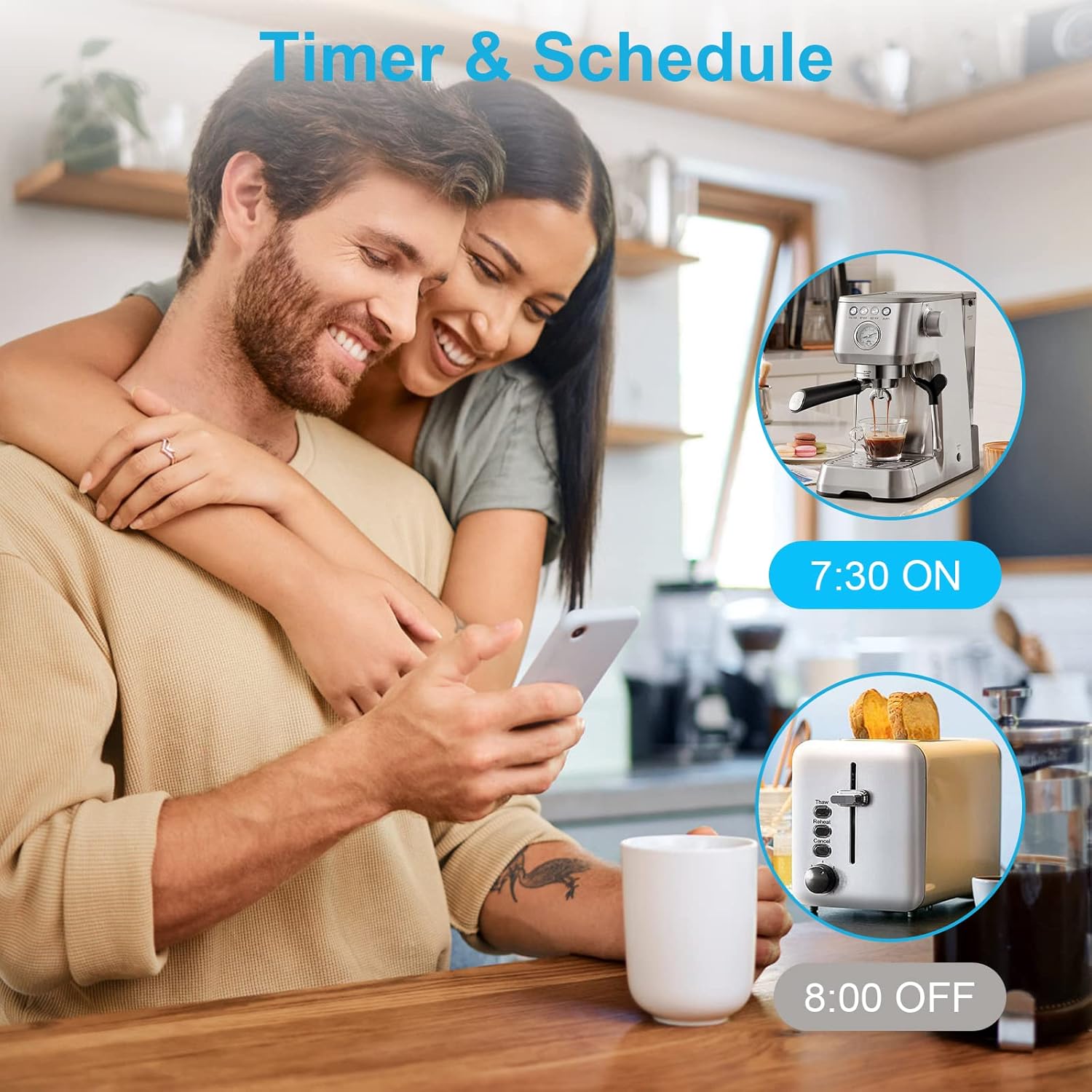 Couple using a smartphone with kitchen appliances and timer schedule displayed.