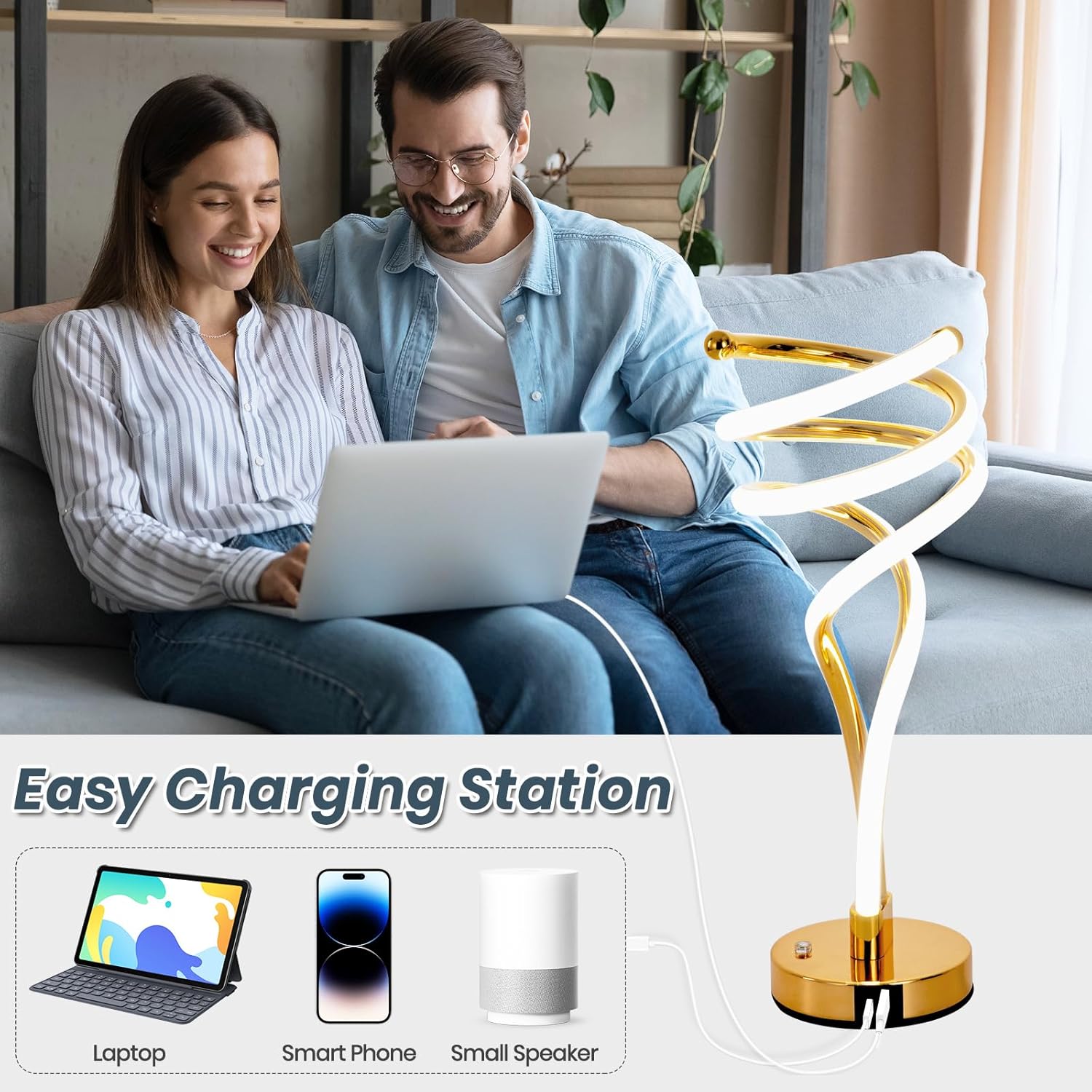 Couple using a laptop with an easy charging station in a living room setting.