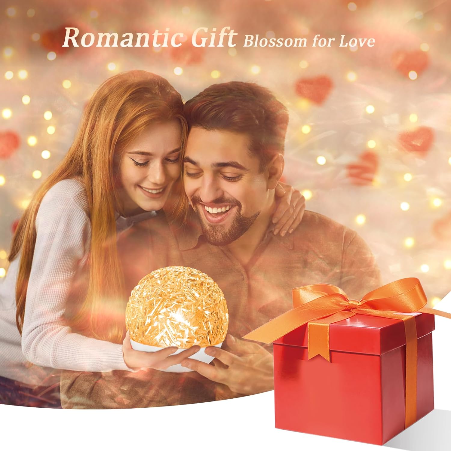 Couple with a glowing spherical gift and a red box with an orange bow, surrounded by heart shapes and lights.