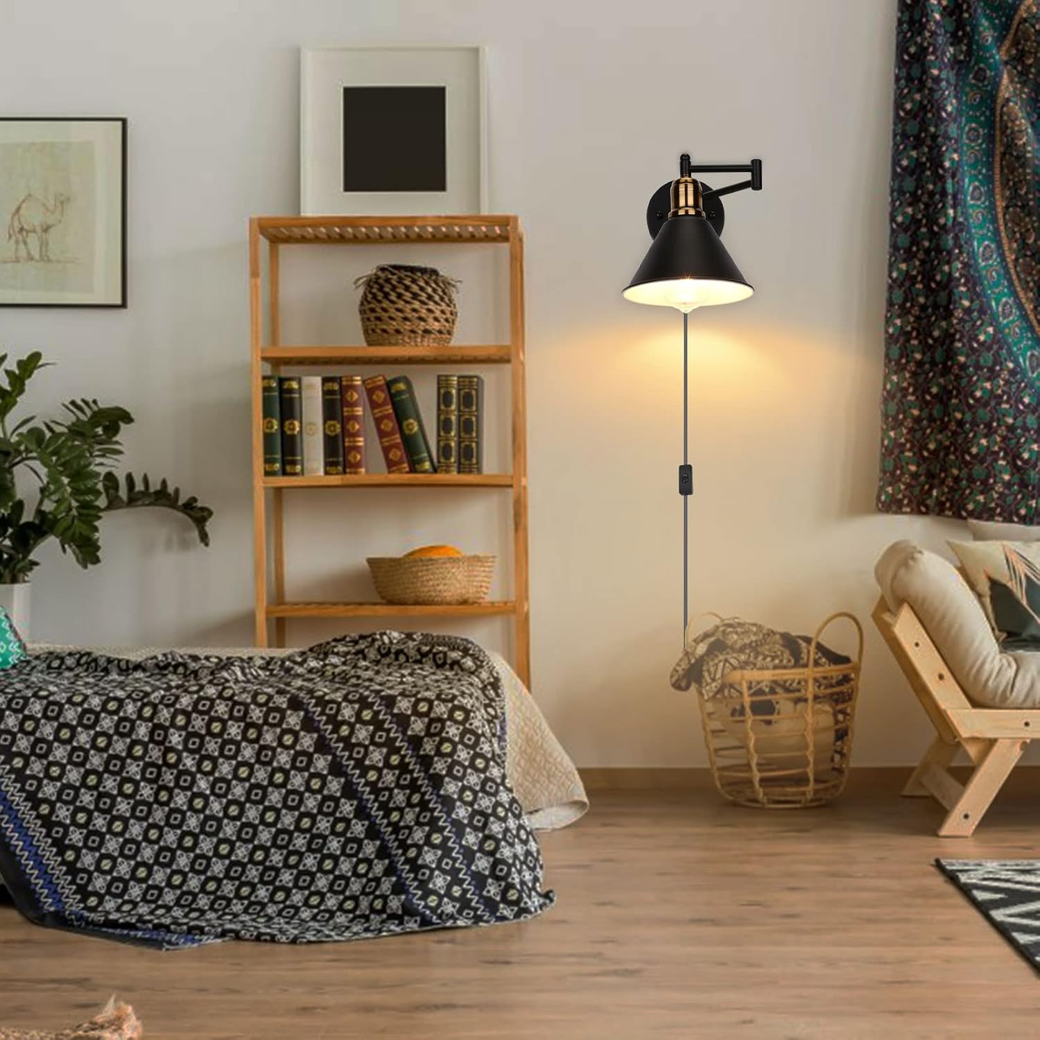 Cozy bedroom with wooden bookshelf, floor lamp, and armchair.
