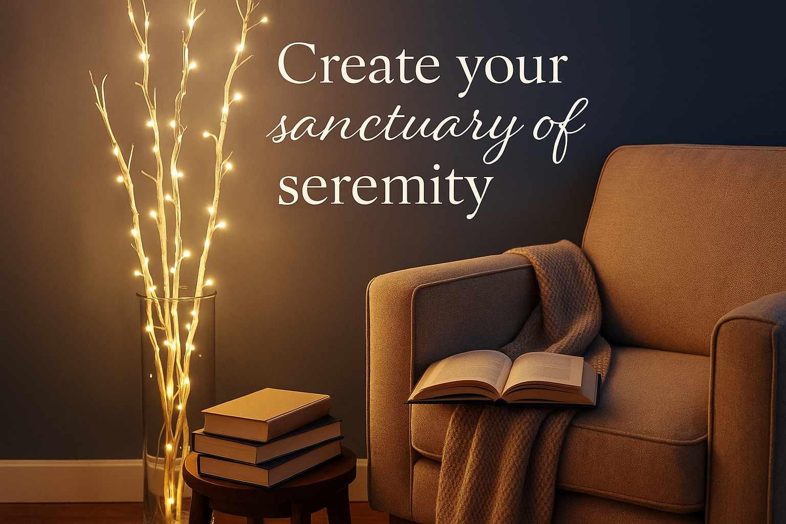 Cozy living room with a brown armchair, books, and a lit branch against a dark wall with text.
