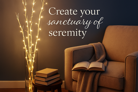 Cozy living room with a brown armchair, books, and a lit branch against a dark wall with text.